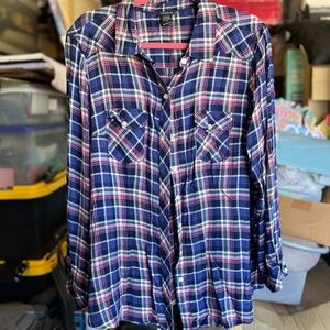 Plaid Button-Up Shirt in Blue and Pink